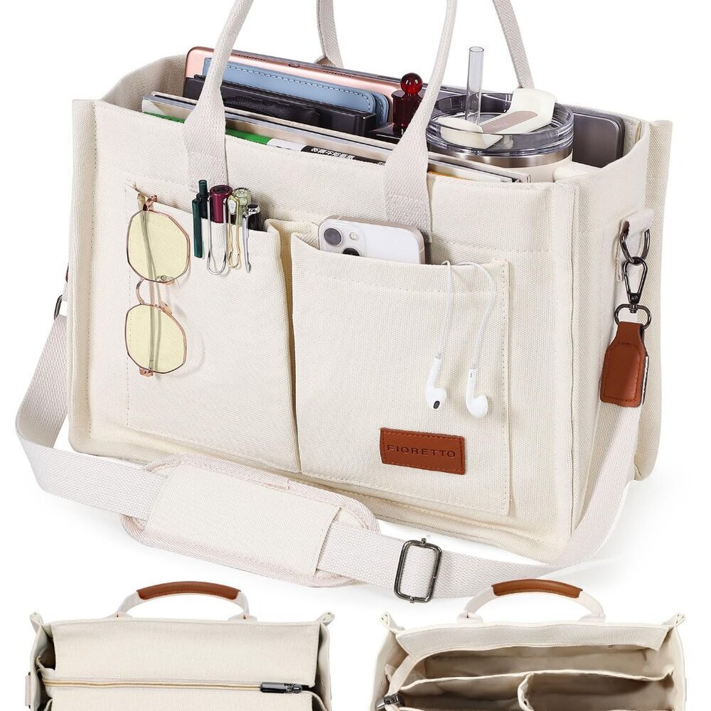 Canvas Tote Bag with Zipper & Compartments for Work College Travel